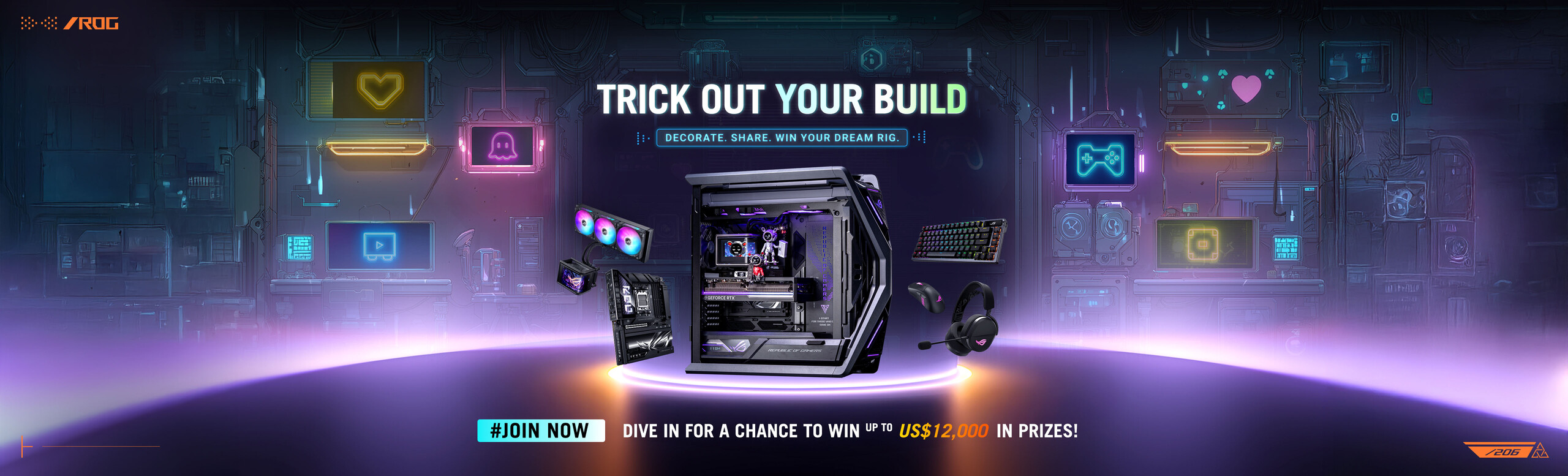 ASUS ROG Trick Out Your Build giveaway banner showing a custom gaming PC build with ROG components, including motherboard, AIO cooler, chassis, graphics card, keyboard, mouse, and headset.