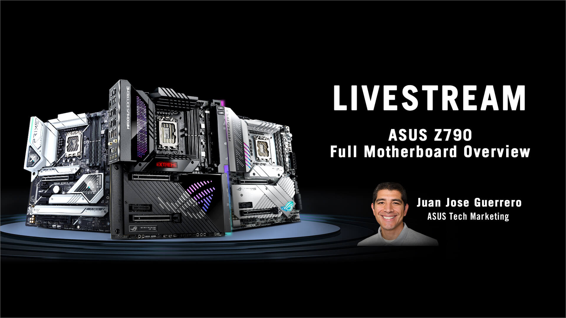 Obrázok s informáciami o livestreame a portrétom Juana Josého Guerrera z technického marketingu spoločnosti ASUS
